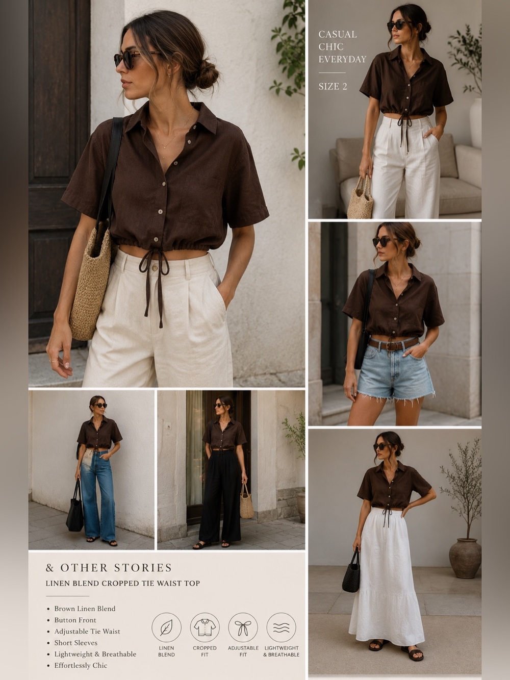 & Other Stories Brown Linen Blend Cropped Button Down Tie Waist Top Size 2